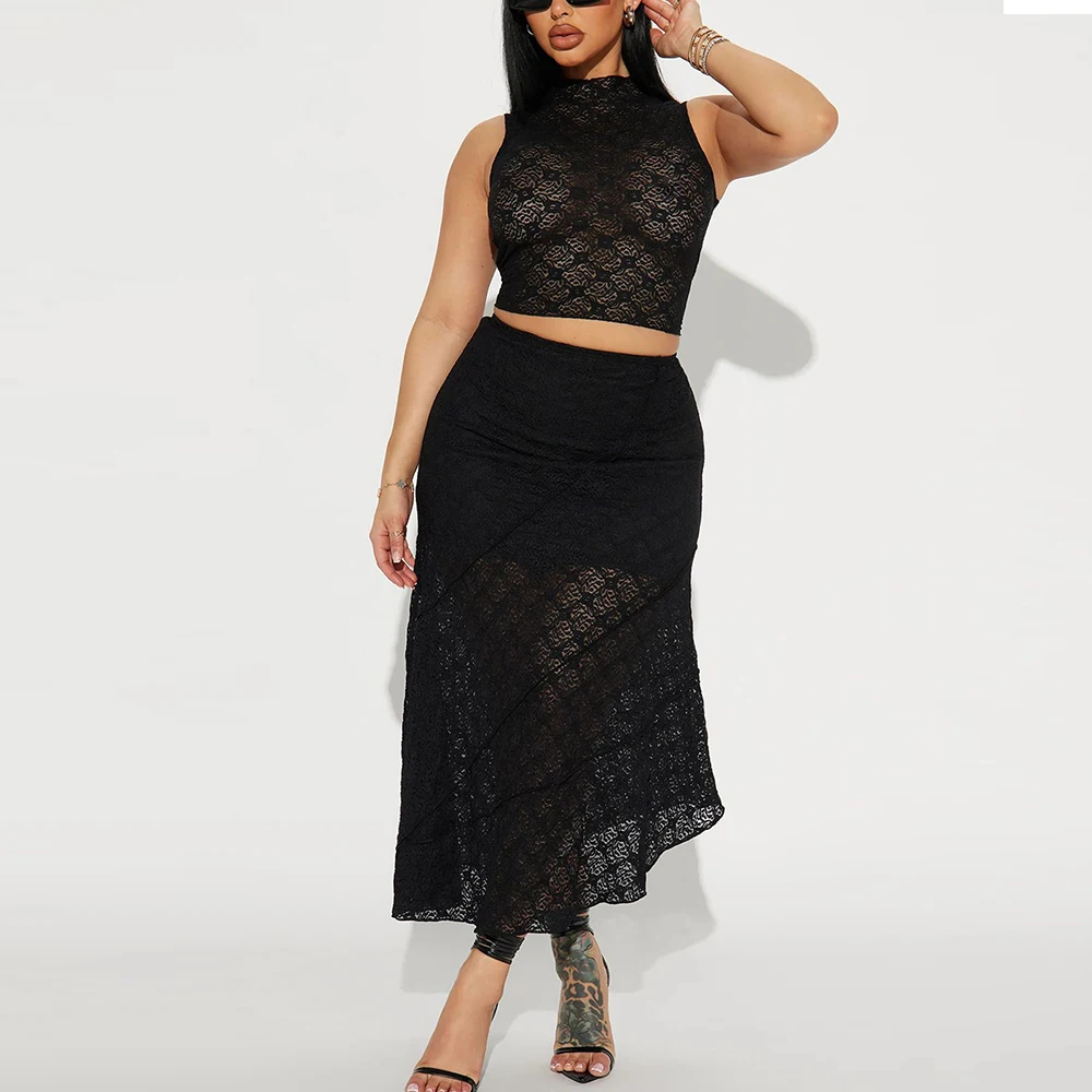 Two Piece Set Women Lace Embroidery Skirts Outfits Sexy Sleeveless Crop Top+High Waist Irregular Long Skirt 2024 Spring Summer