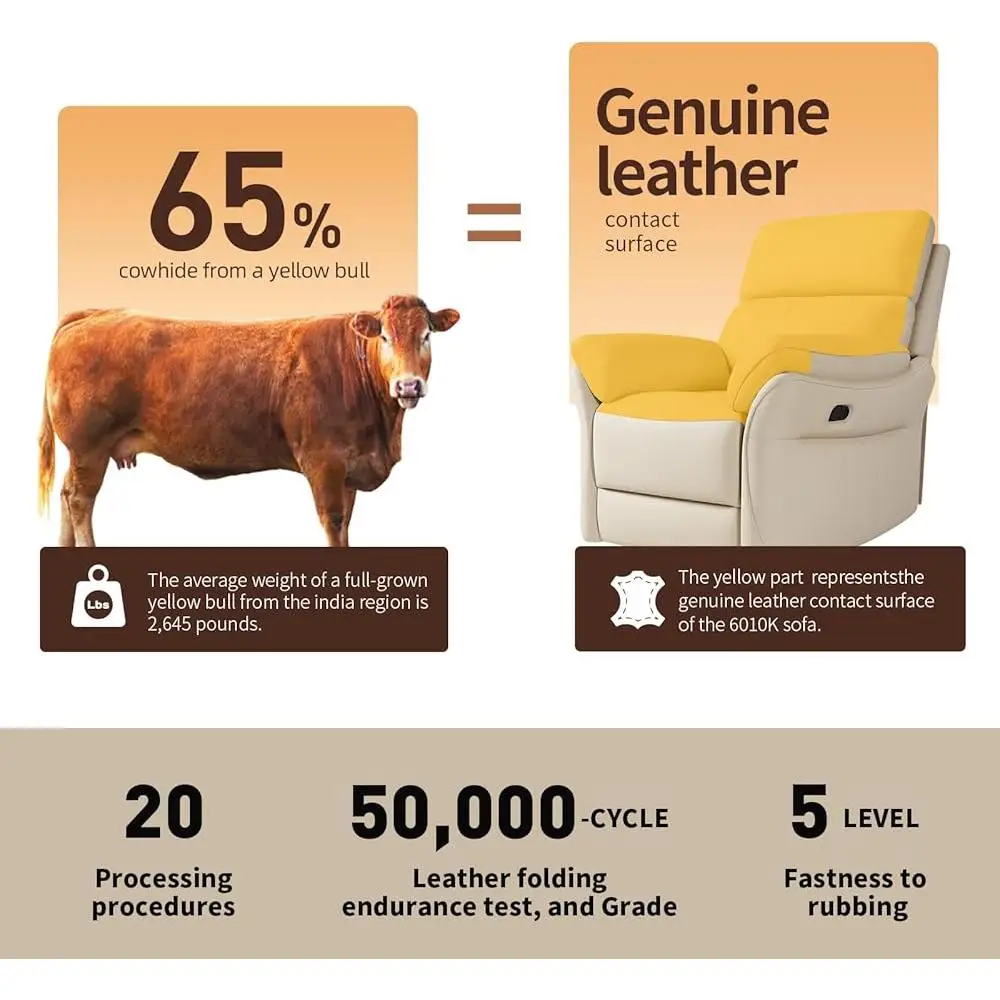 Genuine Leather Recliner Chair High Back Lumbar Support Ergonomic Comfort Manual Adjustment Living Room