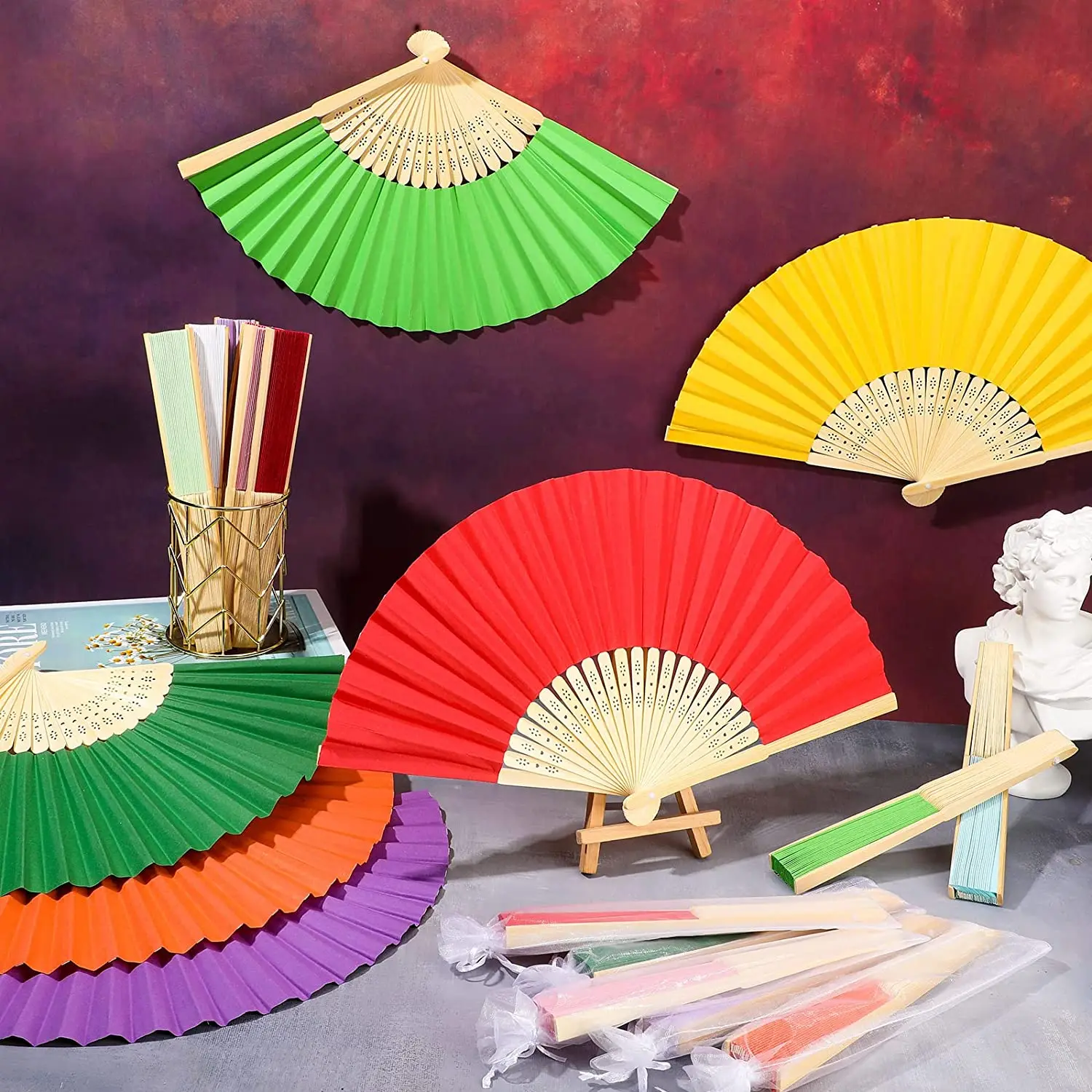10/20/30/40/50PCS Customized Hand Folding Fans,21cm Mini Portable Bamboo Fans With Organza Bag Packing For Wedding,Party Gift