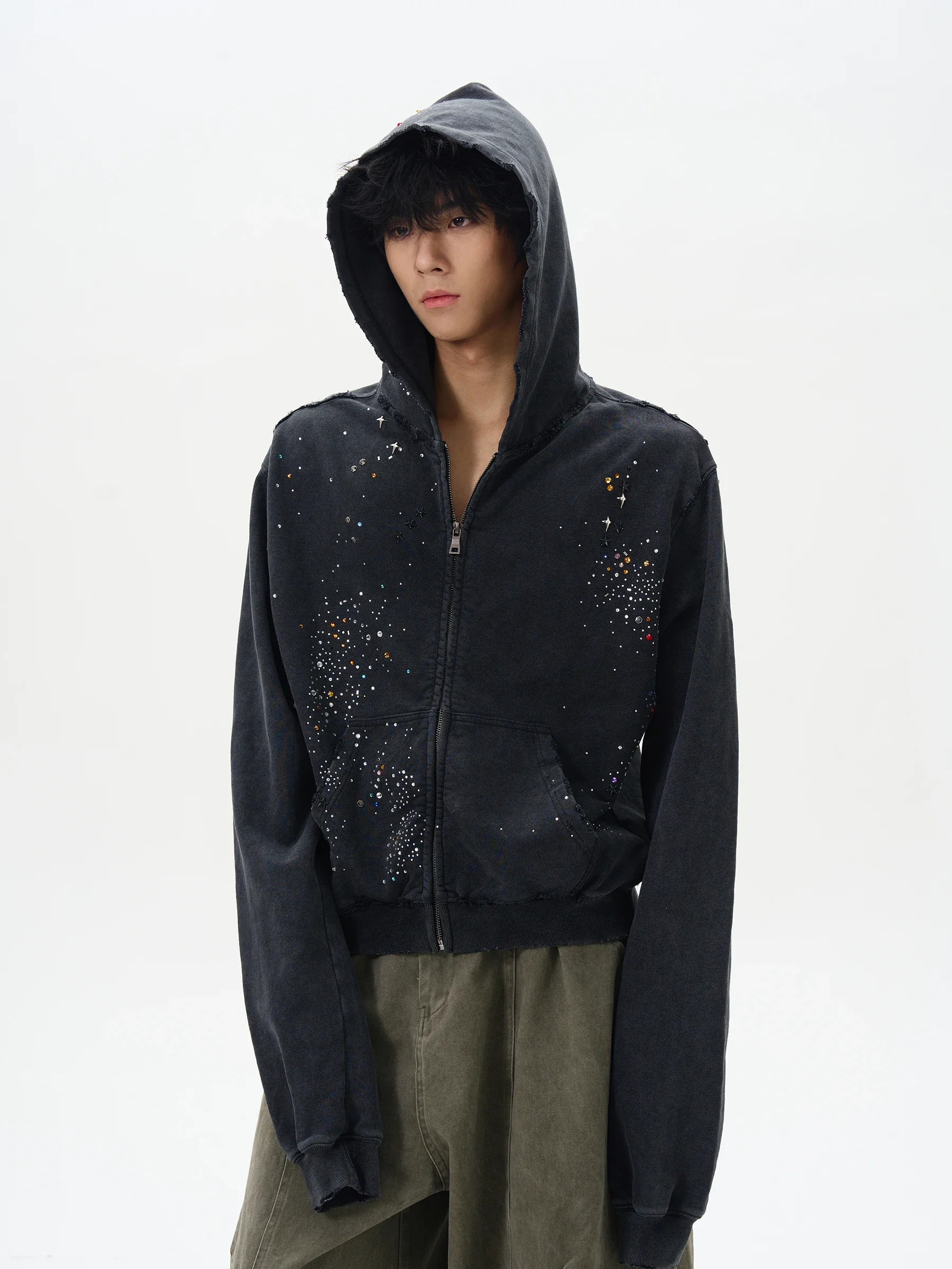 Cardigans Spring and Autumn American Hot Diamond Cardigan Pull-up Gum Hoodie Men's Fashion Brand High-end Feeling Ruan Shua...