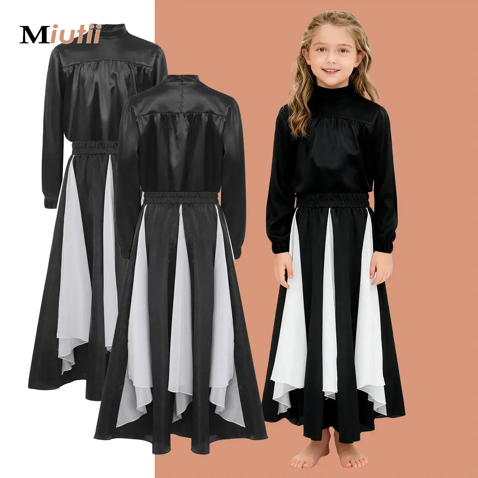 

Детский комплект для современного лирического танца для девочек, атласный топ с длинными рукавами и макси-юбкой, танцевальная одежда для бальных танцев, литургическая танцевальная одежда