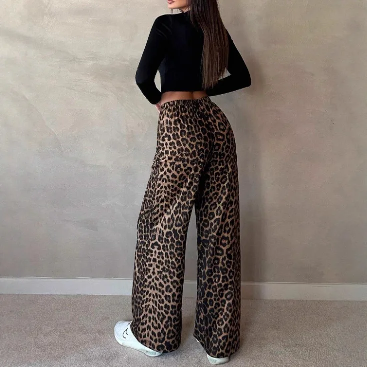 High Waist Wide Leg Pants Women's Satin Casual Pants Autumn Seasonal Loose Versatile Leopard Print Straight Leg Trousers