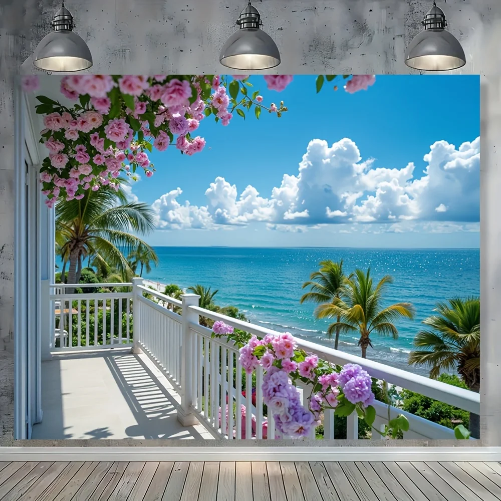 Tapisserie de vue sur la mer de balcon de jardin de style européen | Décoration murale en polyester avec scène florale luxuriante et océan | Multi-usage pour vivre
