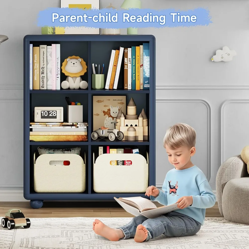 خزانة كتب خشبية كبيرة للأطفال مع 6 مكعبات للتخزين، منظم ألعاب البنات، طلاء آمن للأطفال، لوح سميك، خزانة تخزين للأطفال