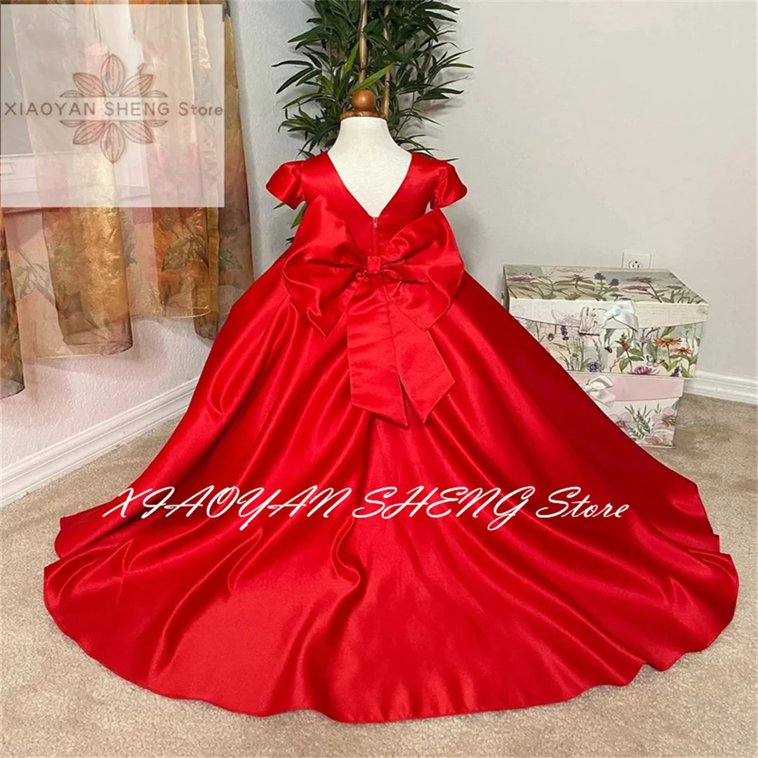 Red/White Satin Flower Girl Dress Wedding Princess Short Sleeve Elegant Birthday Party Formal Occassion Baby Kids Ball Gown