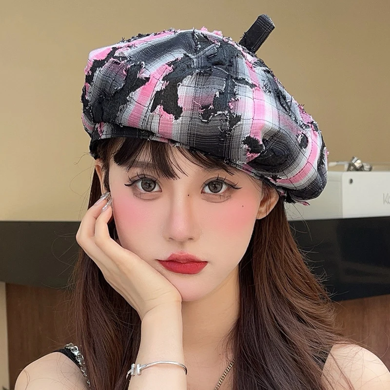 Korean Style Women's Artist Beret Stretch Vintage Plaid Distressed Newsboy Cap Spring Summer Collection Painter Hat