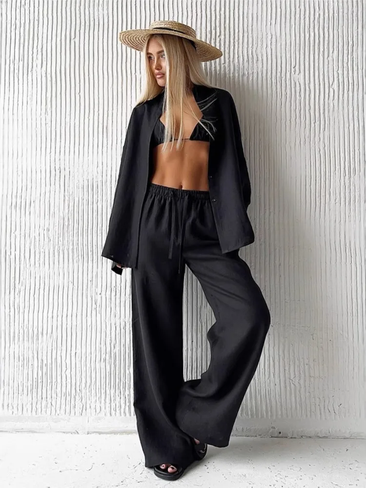 Women's Casual Solid Cotton Linen Pant Sets Chic Laple Single Breasted Long Sleeve Shirt Elasticity Waist Pant New Two Piece Set