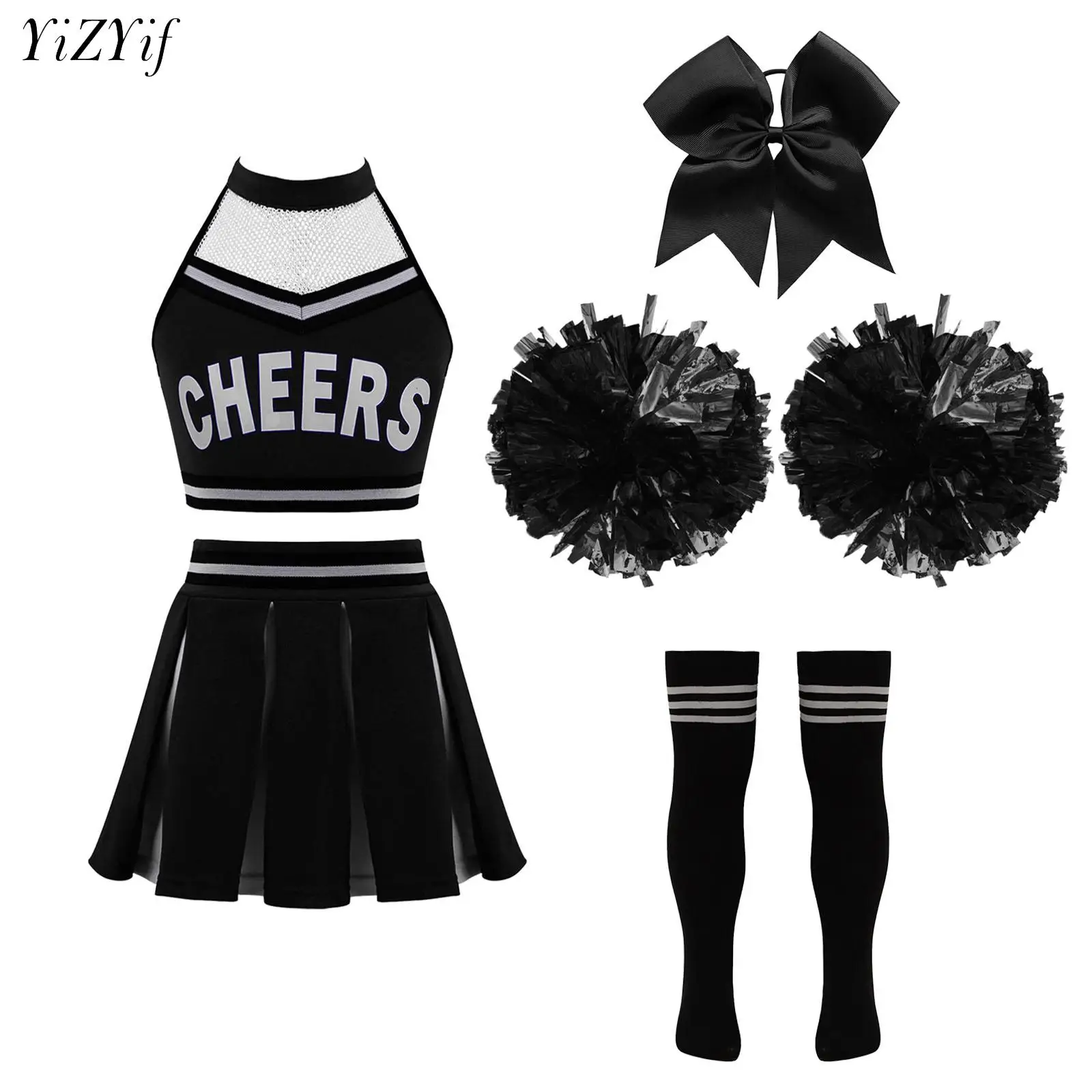 Girls Cheerleading Dance Outfits Sleeveless Crop Top with Pleated Skirt Uniform Set Halloween Cheer Leaders Performance Costumes