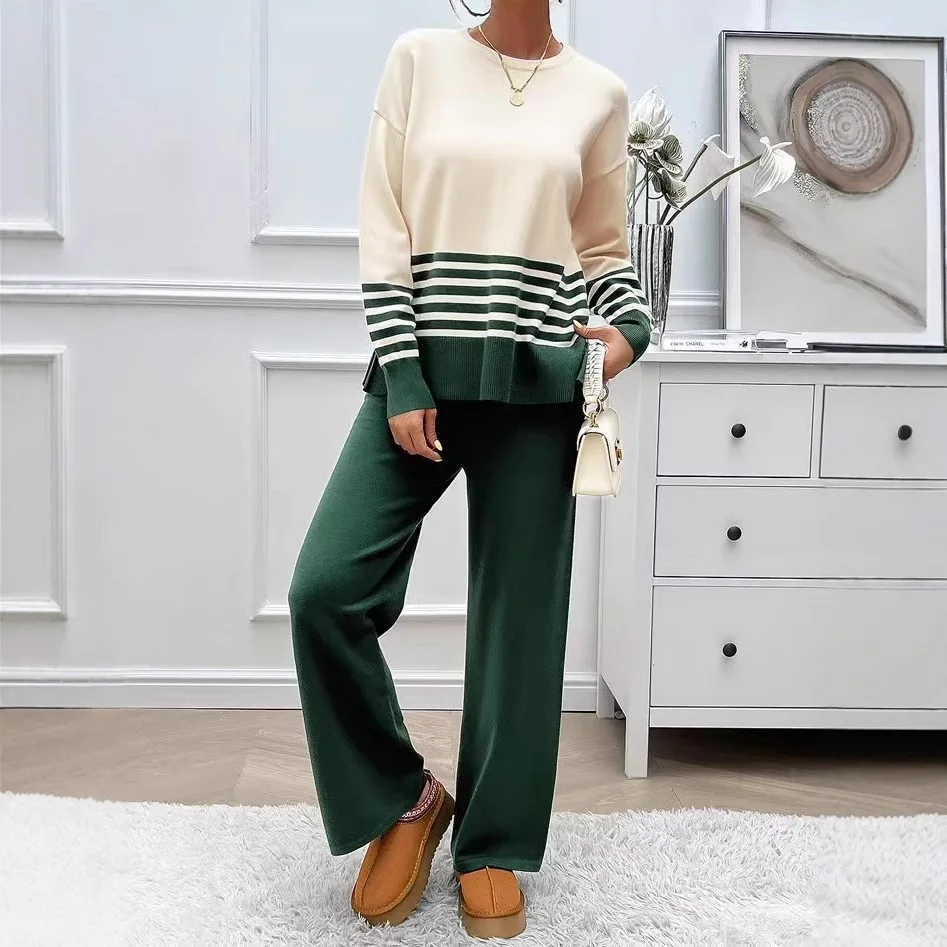 

Autumn And Winter Casual Color Blocking Knitted Long Sleeved+Long Pants Sweater 2-Piece Set For Women's Wear