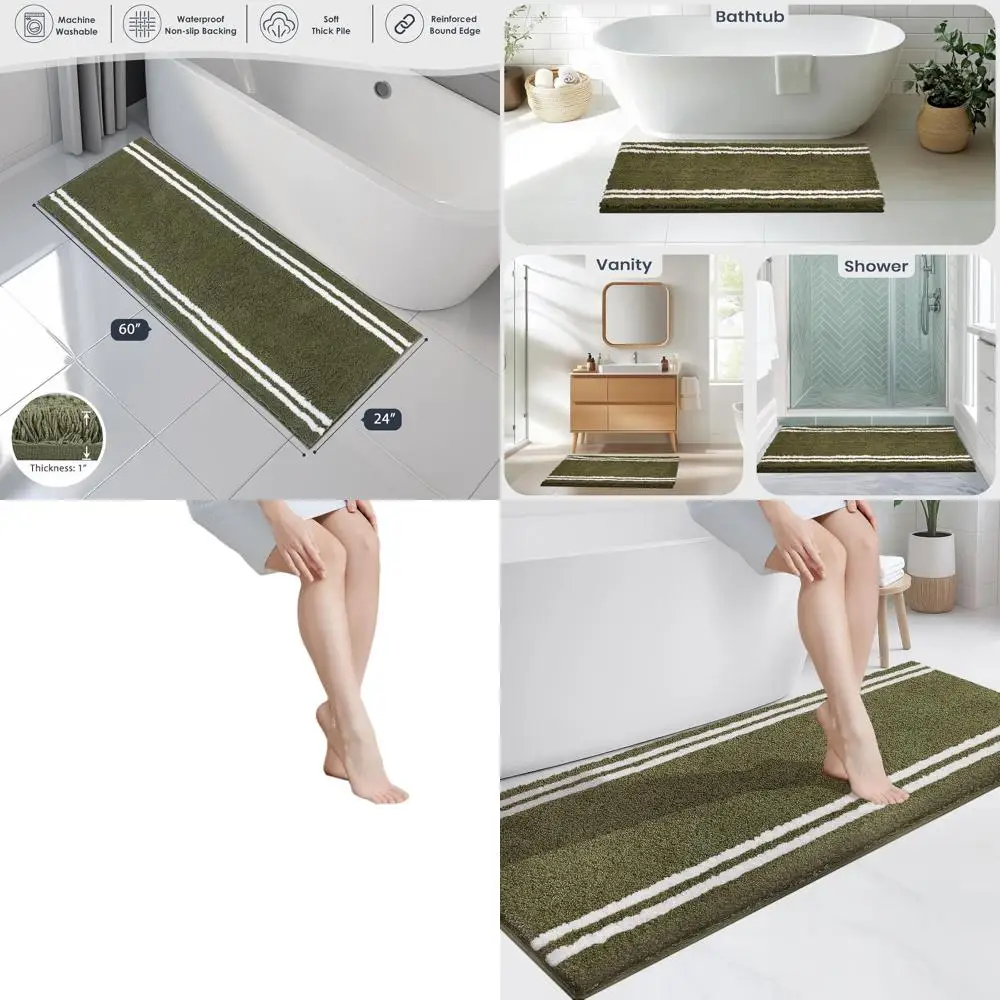 

Olive Green 24 x 60 Non-Slip, Machine Washable Shaggy Microfiber Bath Mat - Super Absorbent, Quick Dry for Shower, Bathtub, and
