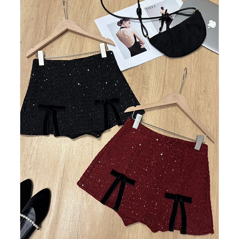MEXZT Vintage Tweed Mini Skirt Women Christmas Red Bow Sequins Skirts Winter Elegant Korean Black High Waist A Line Faldas New