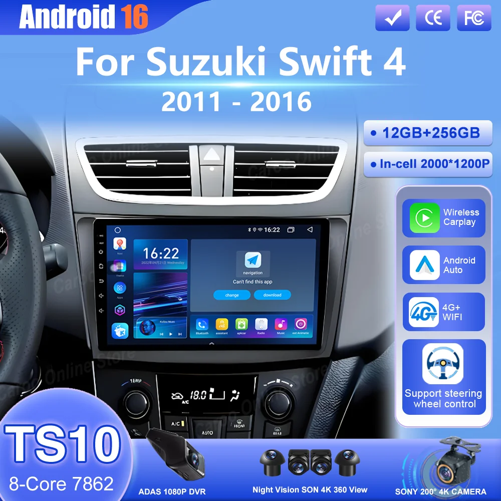 Android 16 Carplay For Suzuki Swift 4 2011 -2016 Car Multimedia Player Radio Stereo GPS Navigation Touch Screen Bluetooth WIFI