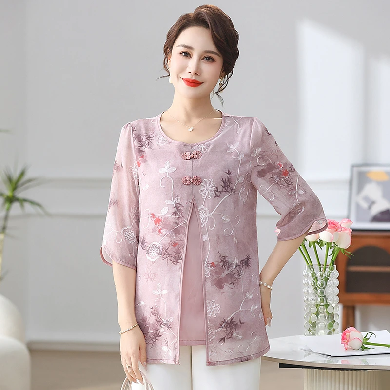 Fake Two Pieces Shirt Women Lace Hollow Half Sleeve Tops Summer Grandma Clothing Stretch  Middle Age Mother Blouse