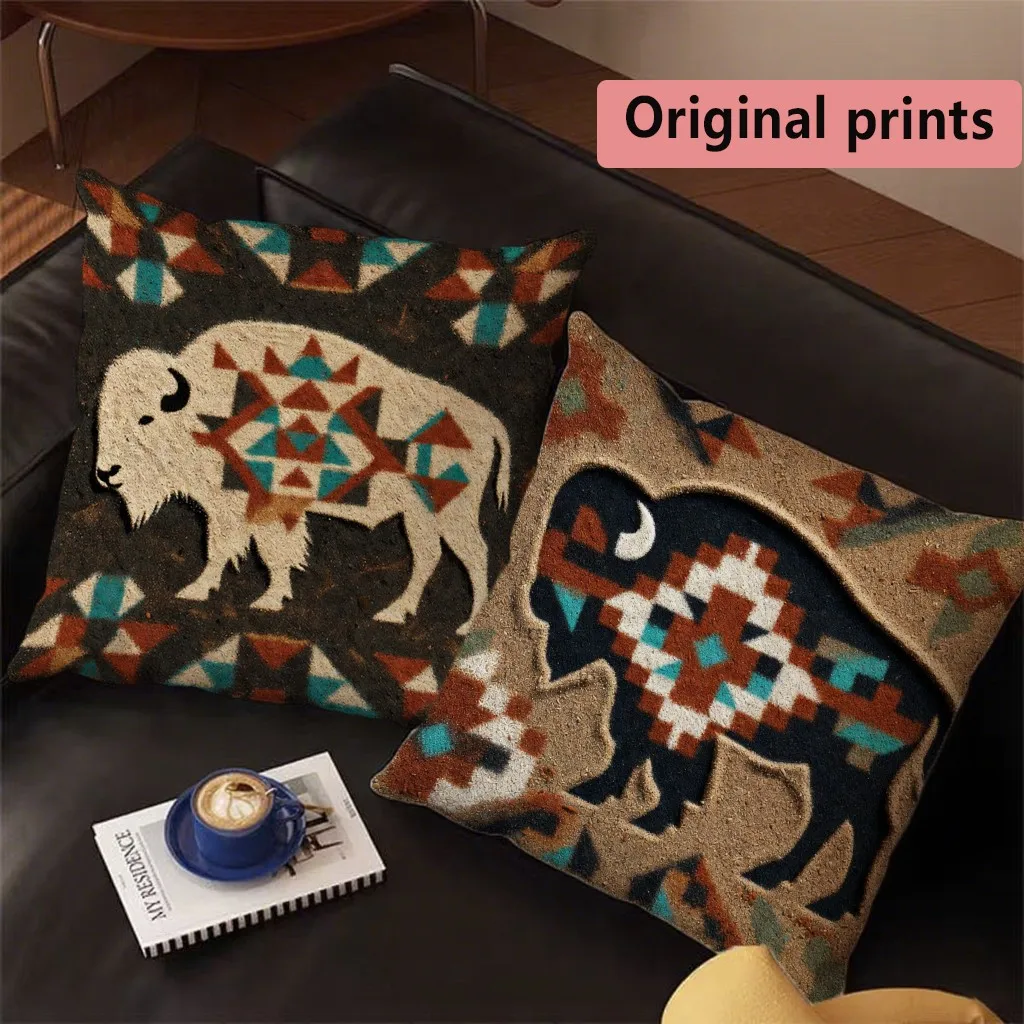 Southwestern Bison Tribal Pillow Covers Pattern Cushion Cover Suitable for Sofa Bedroom Car Pillow Cover