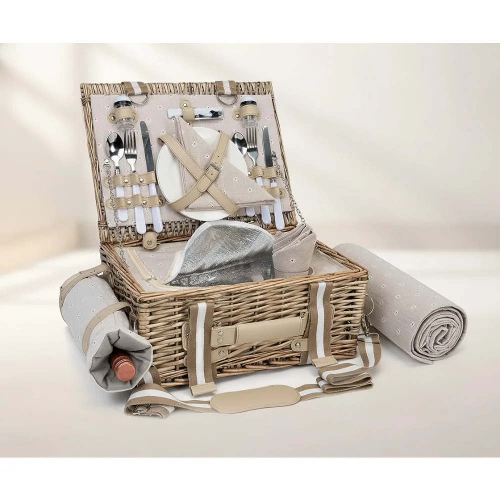 

19Pcs Picnic Basket for 2 with Insulated Cooler & Waterproof Blanket, Romantic Outdoor Hamper for Couples Camping