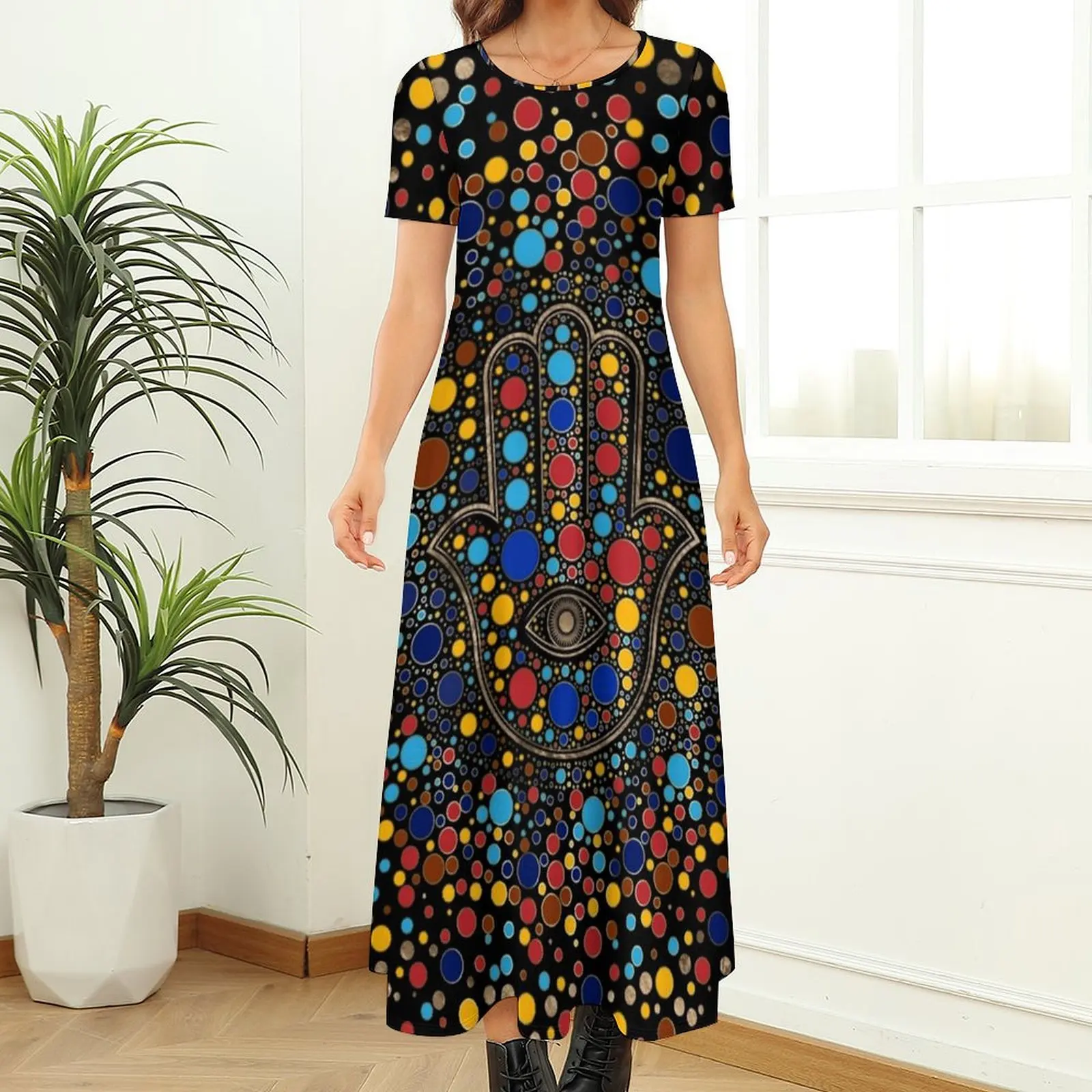 Hamsa Hand Print Dress Colorful Dot Art Kawaii Maxi Dress Womens Short Sleeve Fashion Boho Beach Long Dresses Big Size 6XL 7XL