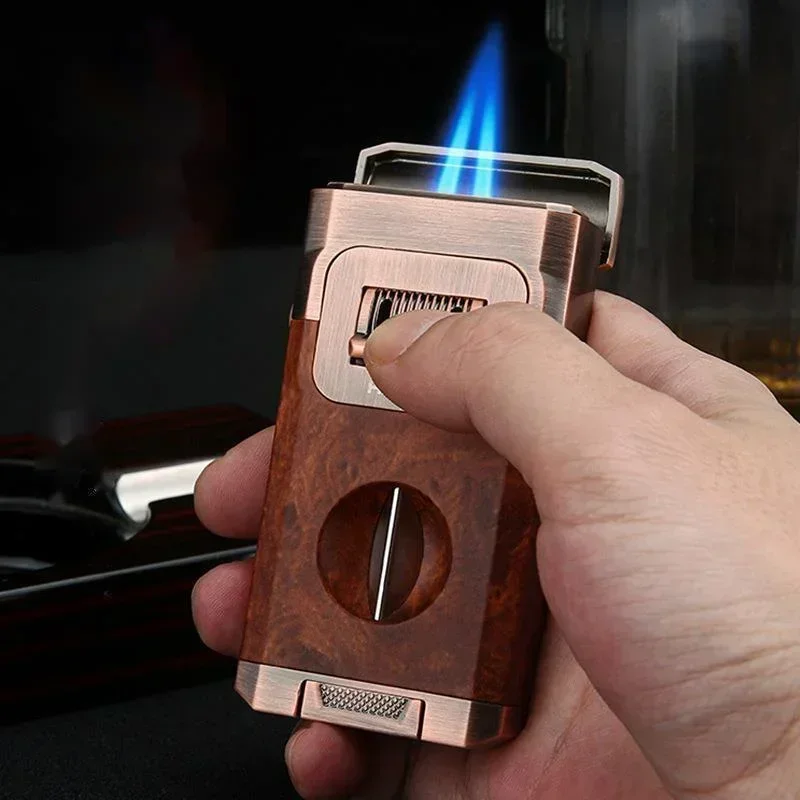 2025 New Deluxe Cigar Lighter with V Shape Knife Cigar Holder Dual Nozzle Flame Butane Refillable Torch Lighter Smoker Gift