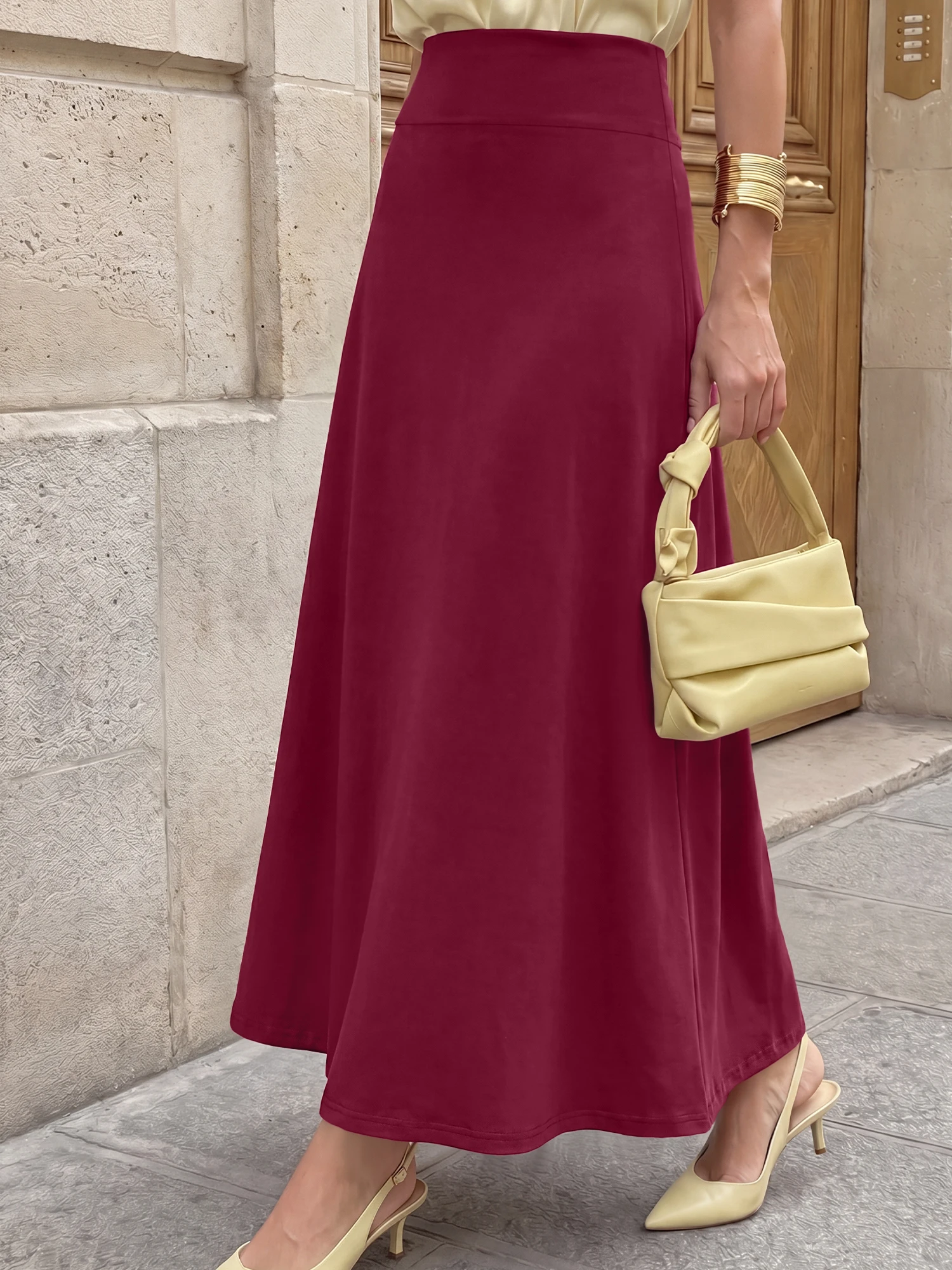 Simple Elegant Women Swing Maxi Skirt Solid Knit A‑Line Long Skirt High Elastic Waist Loose Vacation Office Bottoms