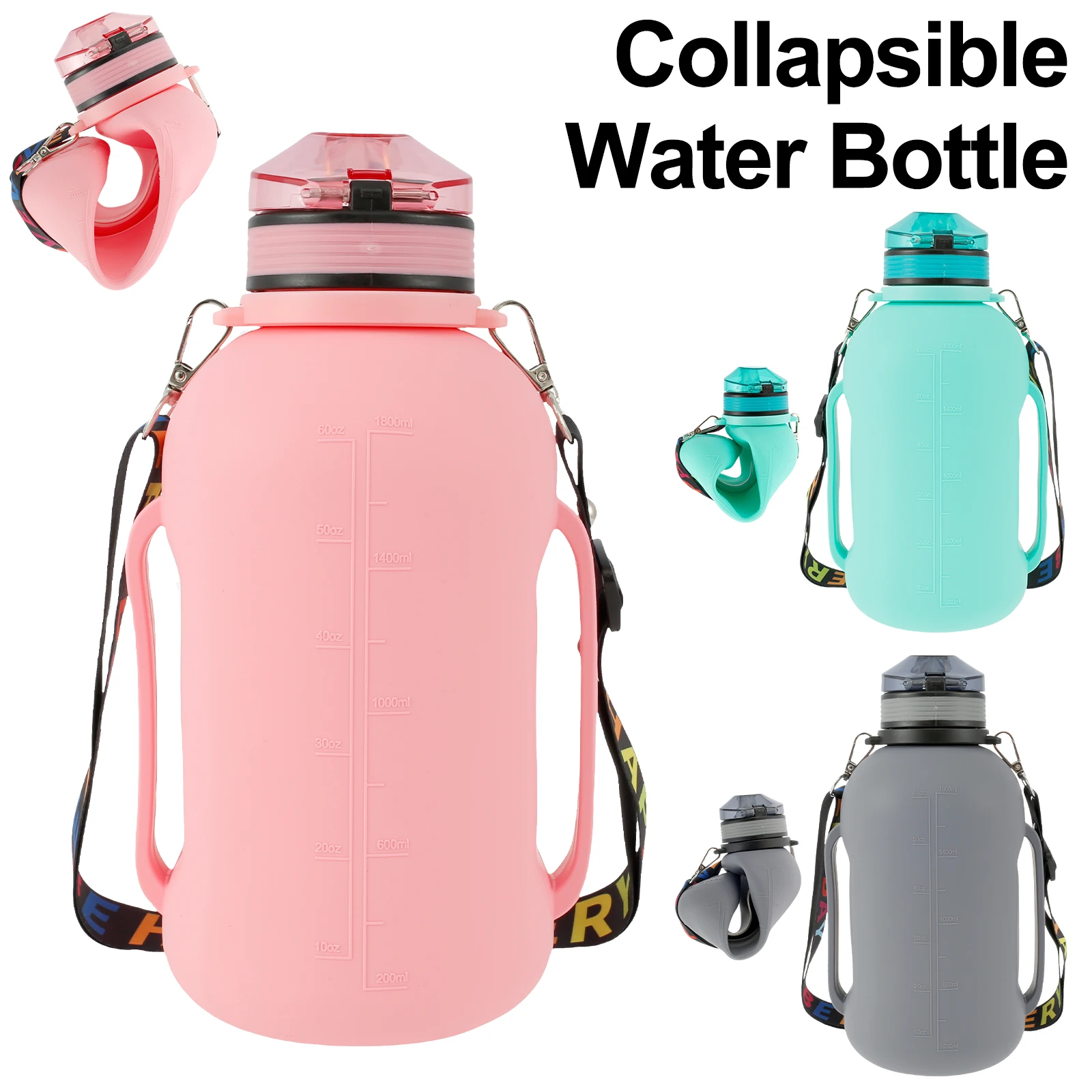 Collapsible Water Bottle 2L/64oz Sport Water Bottle Camping Hiking Leakproof Sports Kettle with Strap Silicone Folding Water Cup 