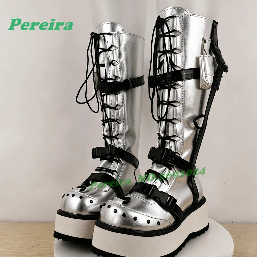 Silver Platform Rivet Knee High Boots Gothic Height Increasing Pocket Decor Women's Long Boots Cross Tied Lace-Up Patchwork Shoe