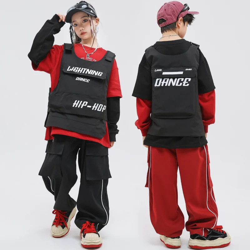 Children Street Dance Performance Costumes for Kids Black Vest Loose Pants Girls Hip Hop Dance Clothes Teenagers Boys Streetwear