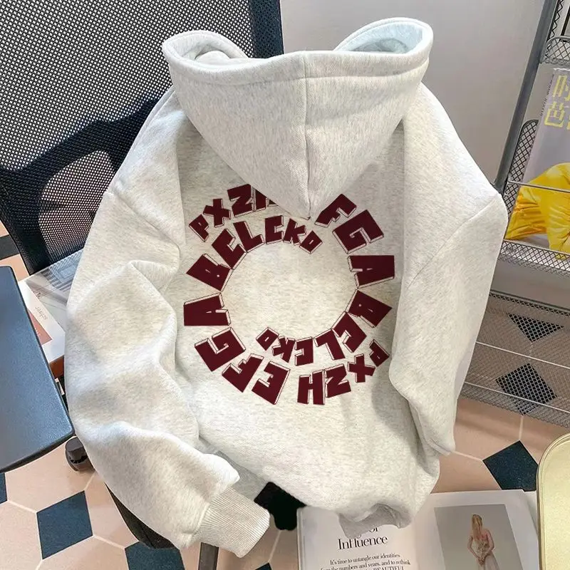 Pure Cotton Hoodie for Women Loose Top American Street Style Circular Letter Printed Oversize Fashion Label Spring and Autumn