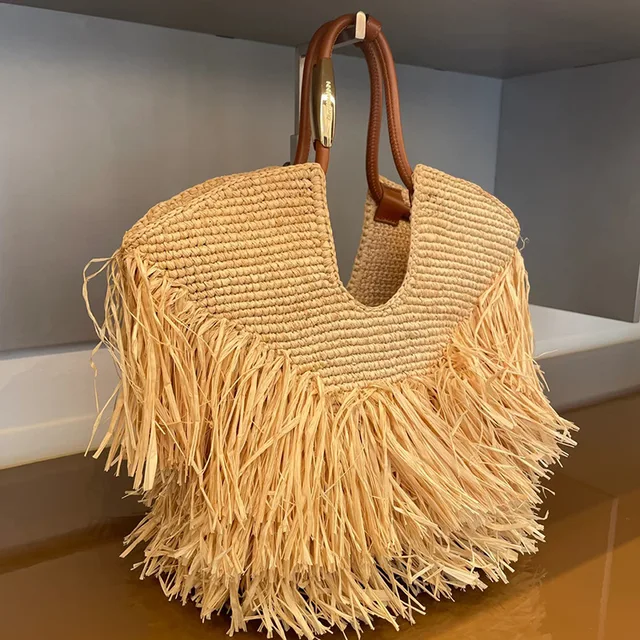 Bolso tote de paja tejido estilo boho mujer para verano