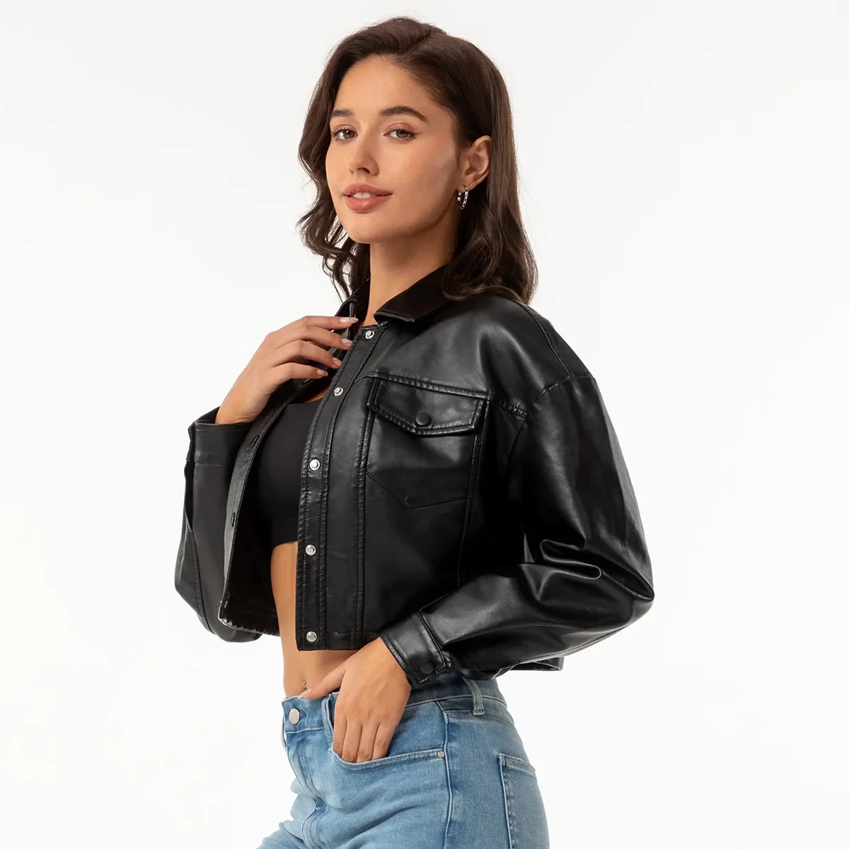 Veste en cuir décontractée ample pour femme, simple boutonnage, court, revers, veste en cuir PU à la mode, automne, nouveau, 2024