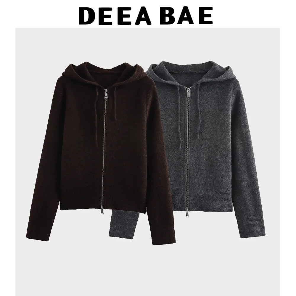 

DEEABAE Spring New Women's Clothing Sweet Fashion Temperament Long Sleeve Plain Knitted Cardigan Hooded Sweater