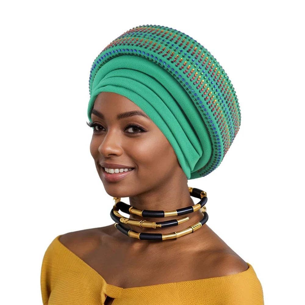 

Fashion African Turban Cap Diamonds Women's Autogele headtie Lady Head Wraps Nigeria Wedding Headgear Turbante Mujer