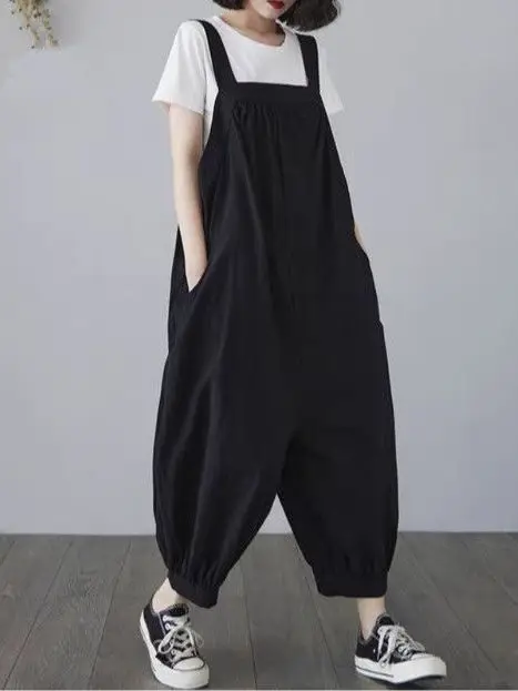 Fashionable Retro One-Piece Pants Wide Shoulder Straps Loose Casual High Waist Korean Style Polyester Fiber Summer New Arrival