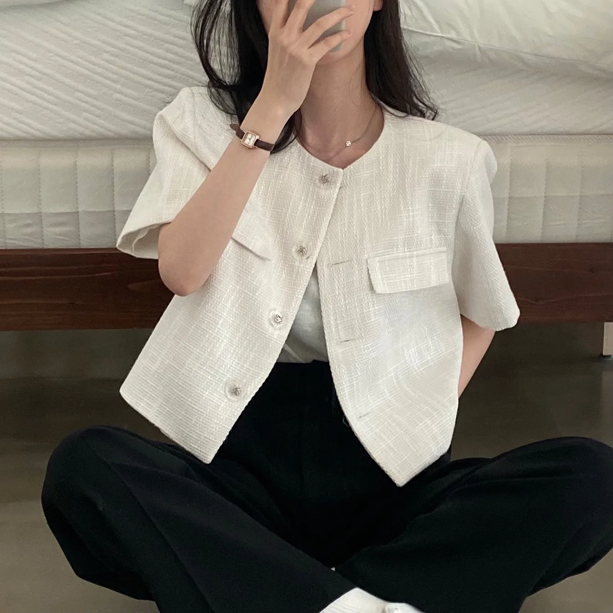 

Fashionable Casual Style Short Coat 2026 Summer New Arrival Versatile Simple Coarse Weave Elegant Button-Up Women's Jacket