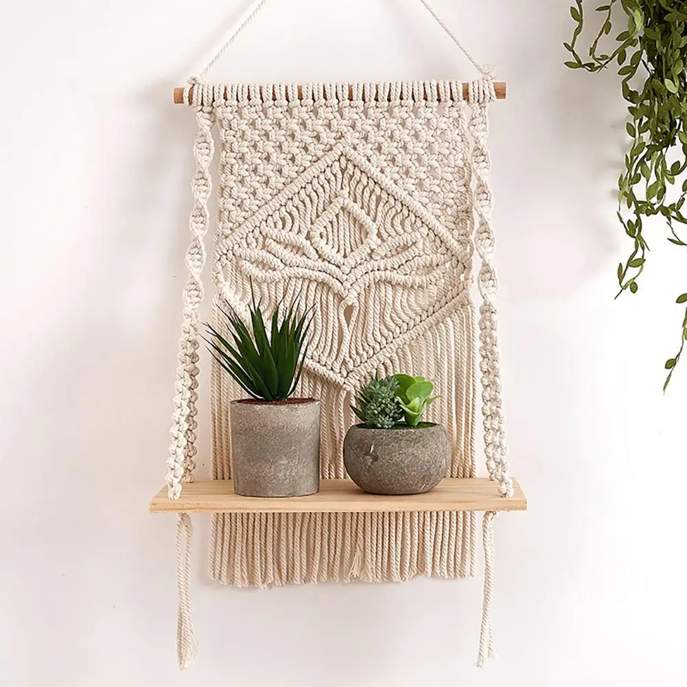 Long Lasting Floating Shelf No Residue Organizer Practical Nordic Style Bohemian Macrame Wall Hanging Shelf