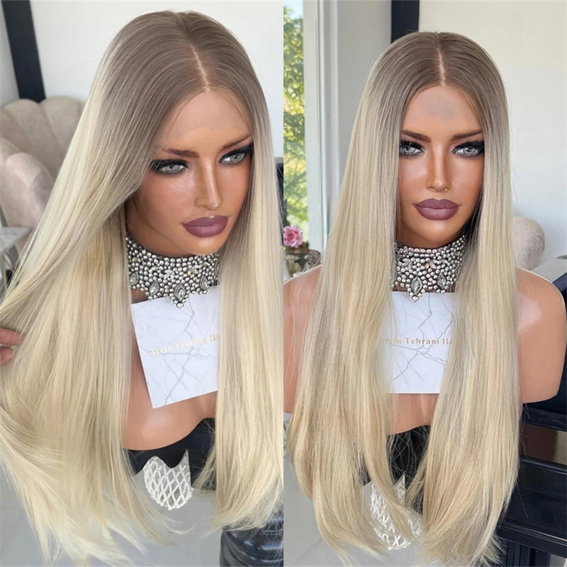 

Fashion Wig Light Blonde HD Lace Front Wig with Dark Roots High Quality Synthetic Wig Long Straight Wig Preplucked Hairline 26''