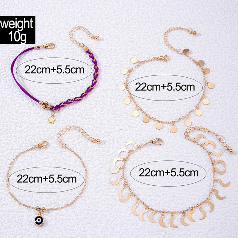 Tocona Bohemia Gold Colour Moon Pendants Anklet Set for Women Girl Eye Star Purple Rope Multilayer Foot Chain Jewelry 25007