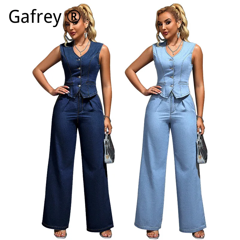 

Women's New Denim V Neck Sleeveless Cardigan Fashion Waist Cincher Two Piece Set Jean Pants Streetwear Outfit