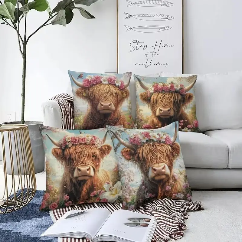 VIKAMA 4Pcs Highland Cow Pillow Covers Floral Wreath Farm Animal Print Cushion Cases Farmhouse Sofa Decor Without Insert