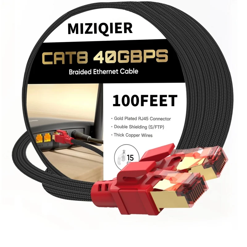 MIZIQIER Long CAT 8 Ethernet Cable 40Gbps Nylon braided SFTP RJ45 LAN cable for cat7 cat6 Modem router Gaming PC PS4/5/6 Xbox