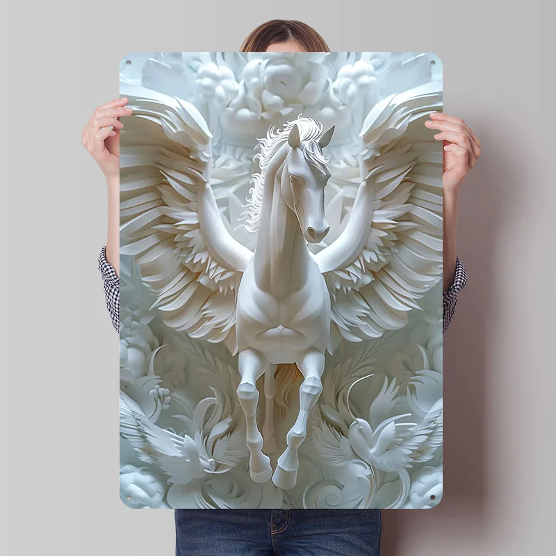 Paper Pegasus White Horse Wings Tinplate Posters Customizable Wall Art Retro Vintage Metal Signs for Home Room Decoration Gaming
