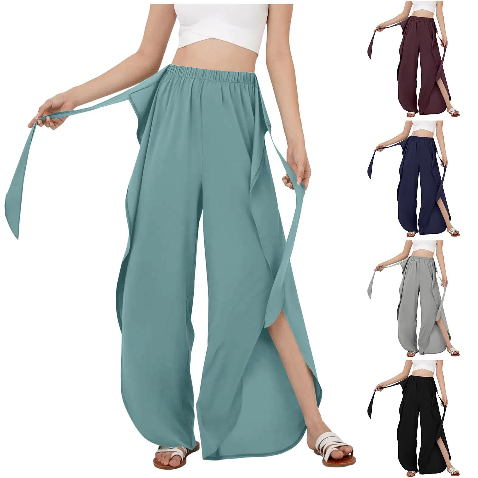 

Women Plus Size Wide Leg Pants Loose Fitness Dance Yoga Split Trousers Female Elastic Wasit Casual Workout Solid Summer Clothing