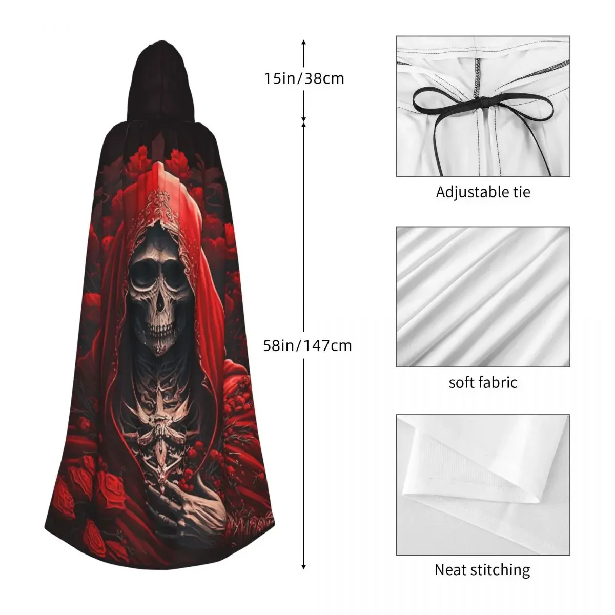 Santa Muerte Saint Death Goth Mexican Muertos Skull Long Hooded Cloak Witch Medieval Costume Cosplay Cape HalloweenCoat Adult