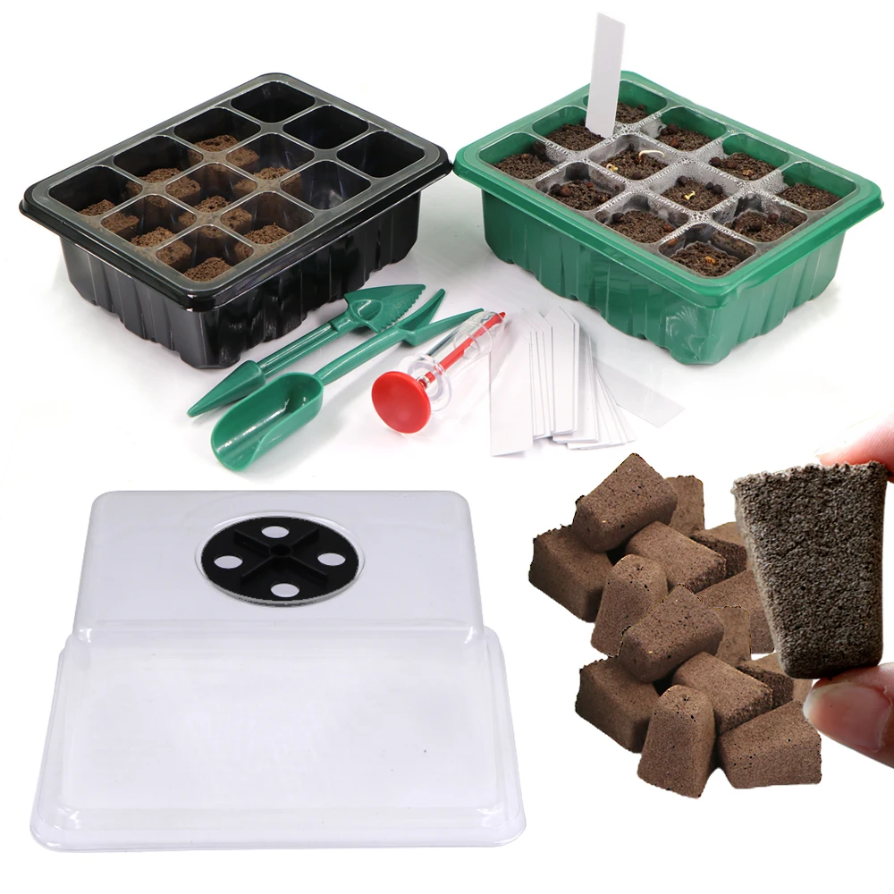 12 Cells Seedling Trays Plant Seed Starting Pot Germination Box Transparent Cover Humidity Nursery Flower Planting Containers