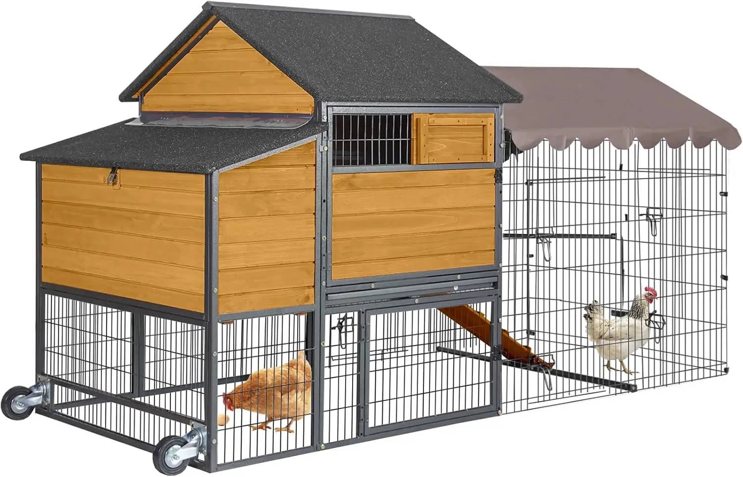 GUTINNEEN Chicken Coop Mobile Upgraded with Metal Frame and Metal Chicken Run Outdoor Hen House Chicken Tractor with Wheels,Tarp