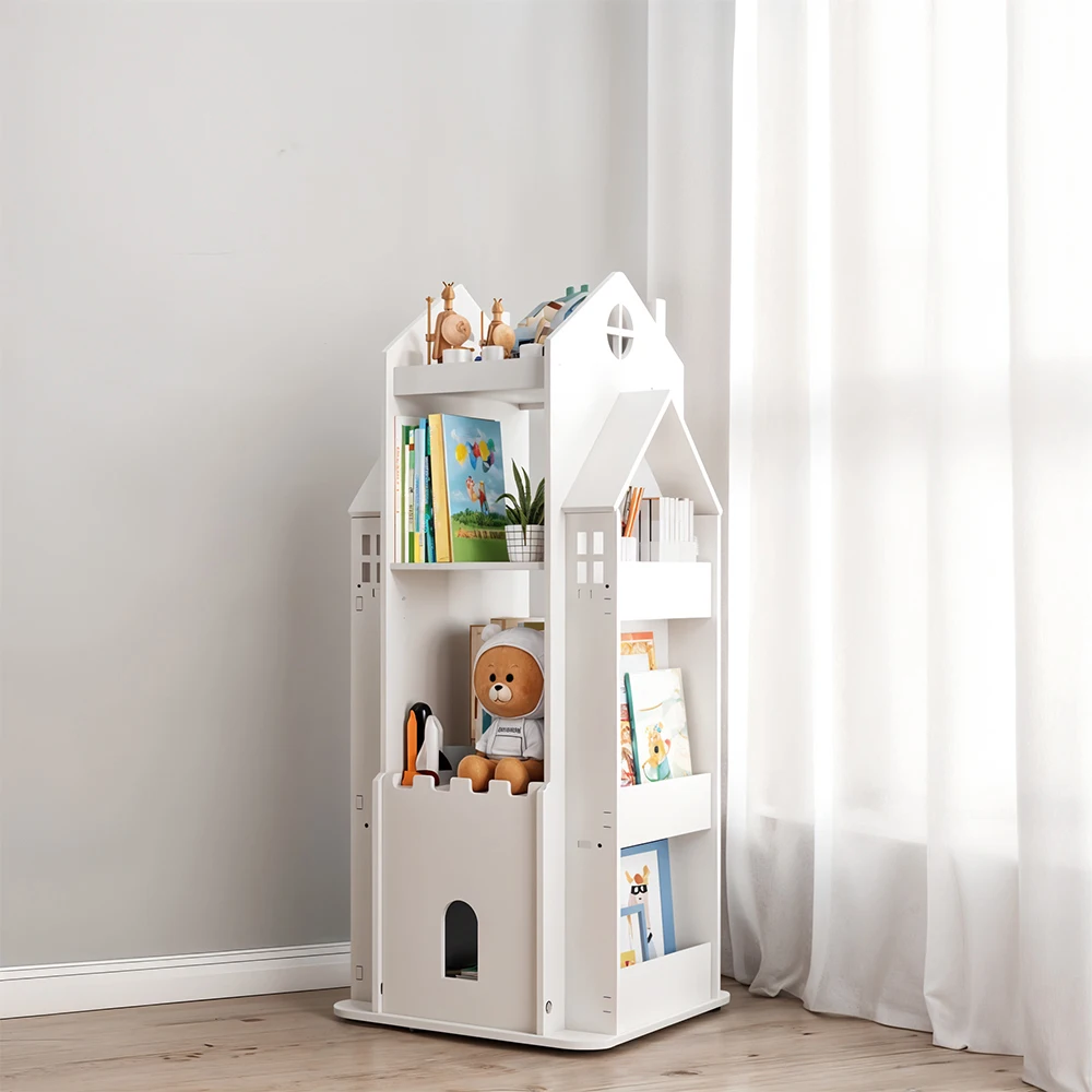 Voltsify 4-Tier Castle Kids Rotating Bookshelf Storage Organizer Rack