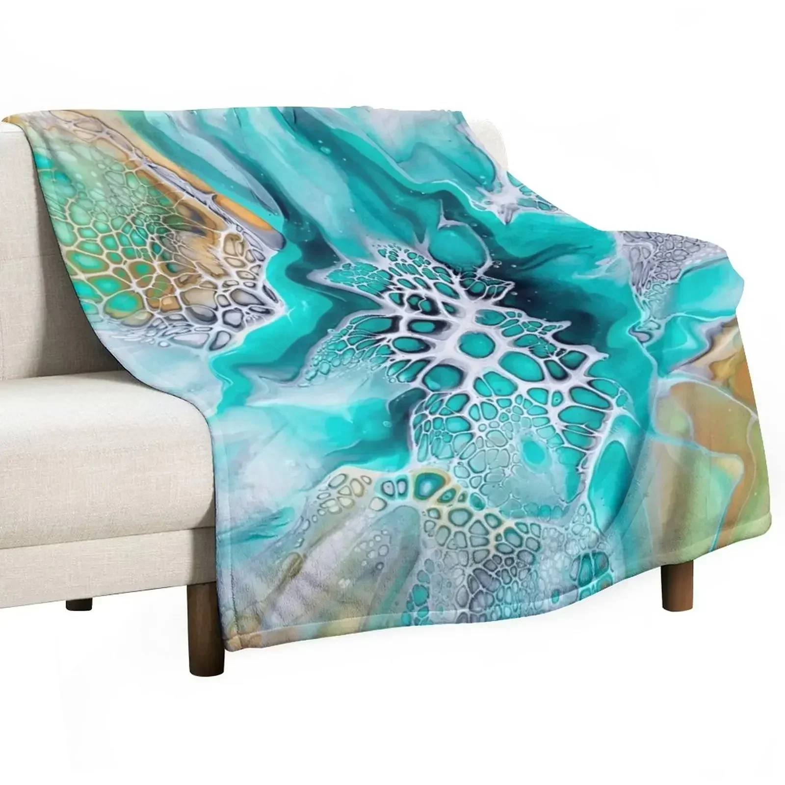 Green Lagoon Inspired Fluid Pour Art Painting with Gold and Grey Throw Blanket Cute funny gift Luxury Brand Blankets