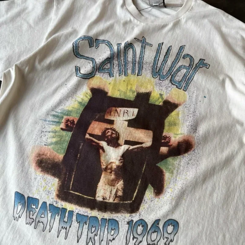 Vinatge White Street Outfit Casual Saint Tshirts Breathable Fabric Jesus Cross Retro Print Short Sleeve Men Women Loose Top Tees