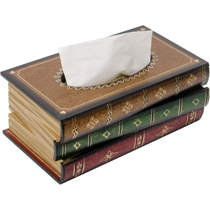 Wooden Vintage Book-Shaped Tissue Holder Dispenser Retro Bookmarkable Cover with Tissue Flaps Decorative Napkin Box Home Office