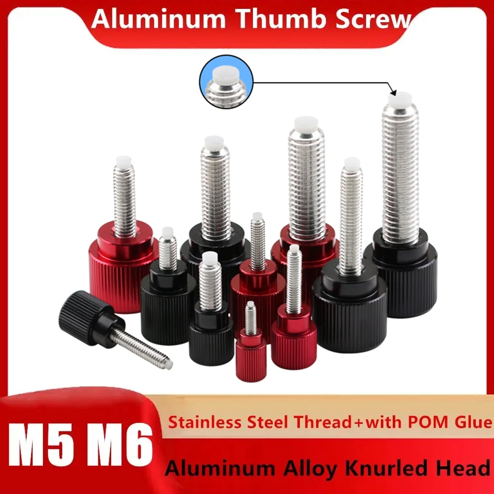 1pc Aluminum Alloy Knurled Head + Stainless Steel Thread with POM Buffer Glue Hand Tighten Bolt M5 M6 Aluminum Thumb Screw