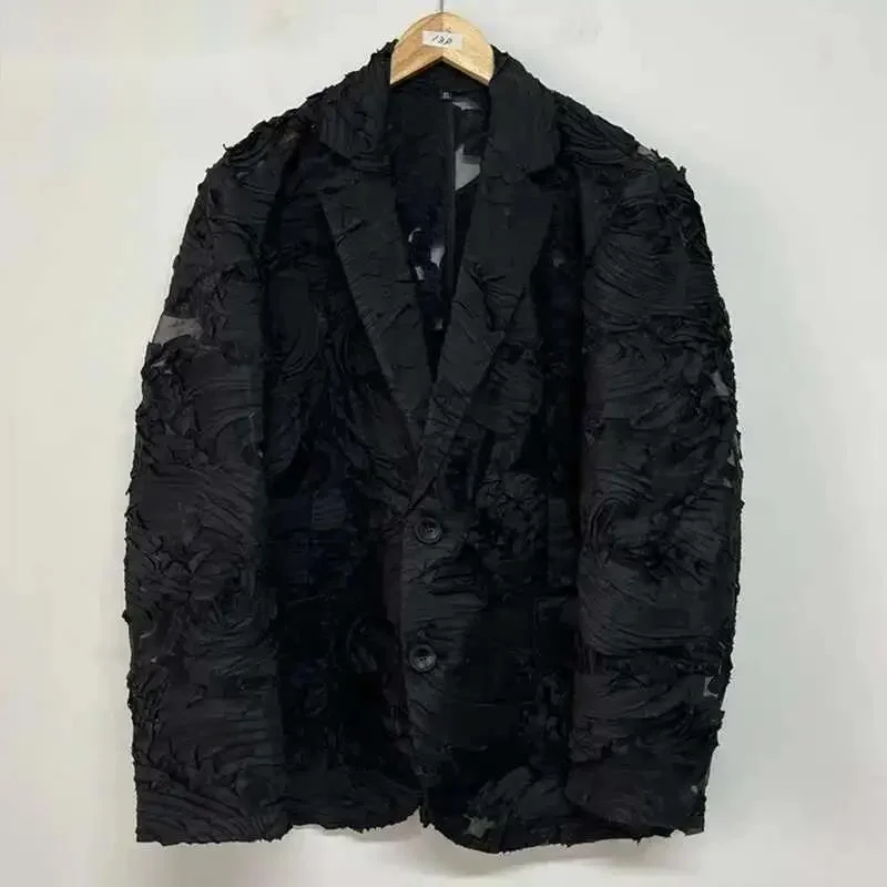 Men's Solid Color Suit Jackets Summer Breathable Three-dimensional Floral Perspective Haute Quality Male Blazers XDG6