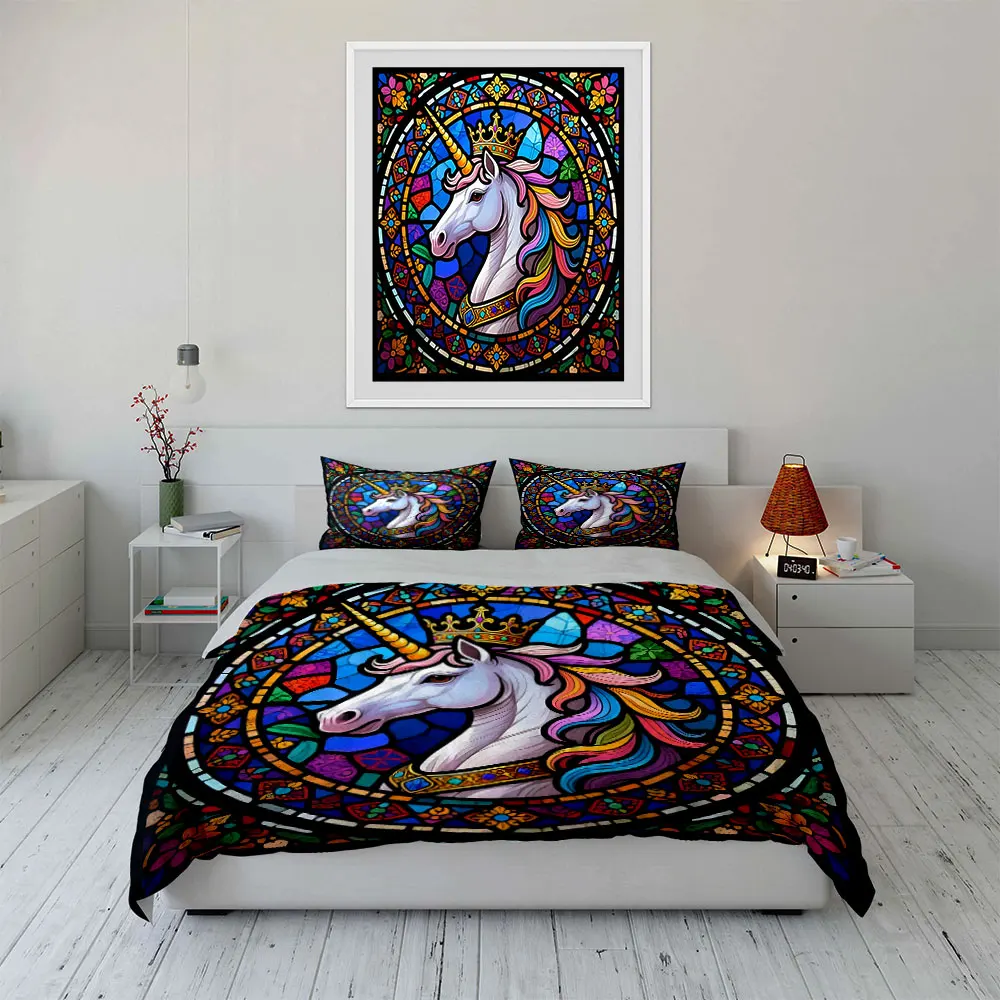Stained Glass Unicorn with Crown Print Soft Comfortable Duvet Cover Bedding Set Included 1*Duvet Cover 2*Pillowcases 4